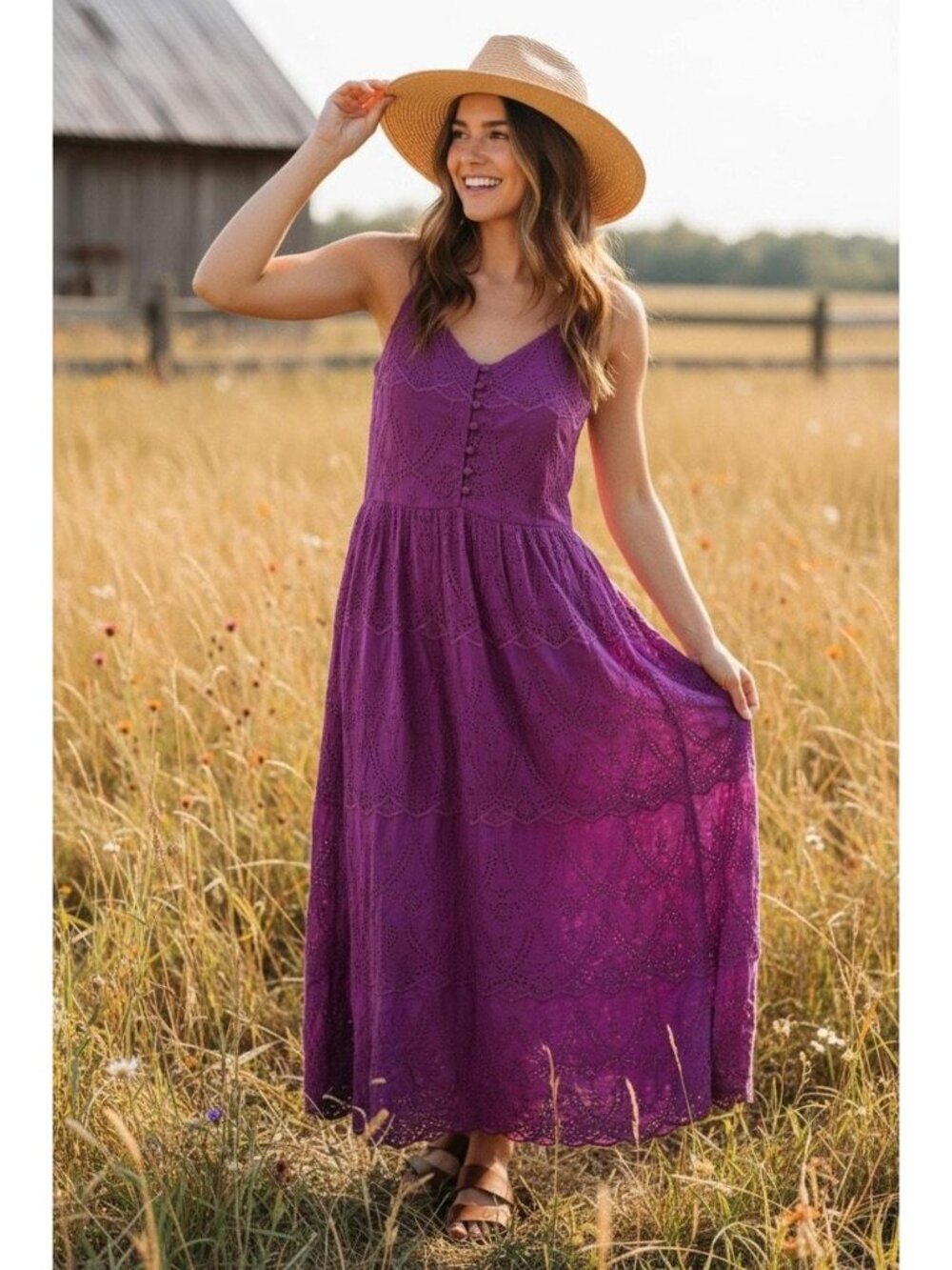 NWT Sundance Taree Orchid Purple Eyelet Spaghetti-Strap Maxi Dress M